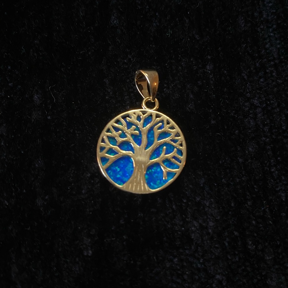 Yellow Gold Plated Round Blue Opal Silver Pendant